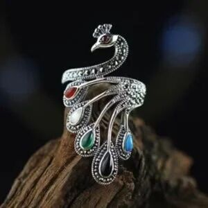 Natural Multi Stone Peacock Silver Adjustable Ring WomenBoho CZ Statement Piece